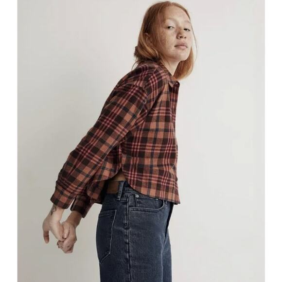 Madewell Plaid Flannel Crop Shirt WMNS S Ginger/Pink Long Sleeve Grunge Top Chic - Picture 11 of 11